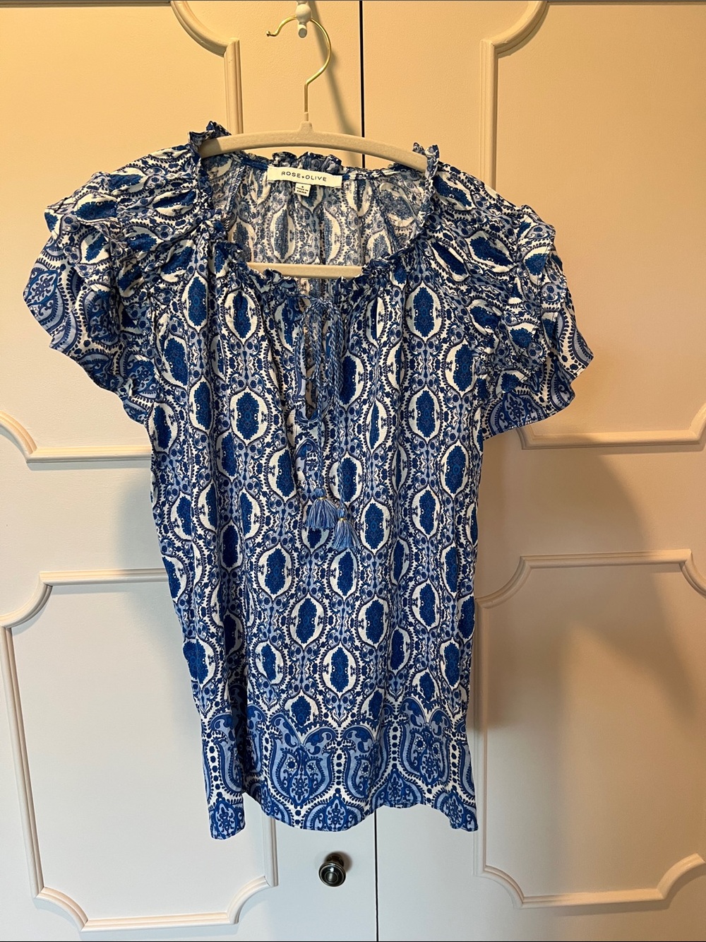 Rose & Olive Blue White Printed Tie-Front Blouse